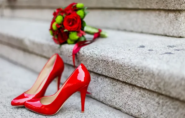 Picture flowers, roses, bouquet, shoes, heels, red, studs, wedding