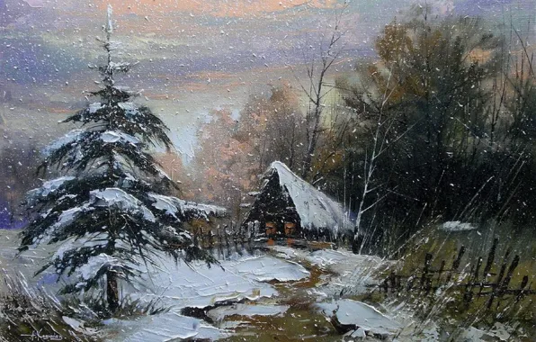 Road, house, tree, overcast, spruce, trail, picture, painting