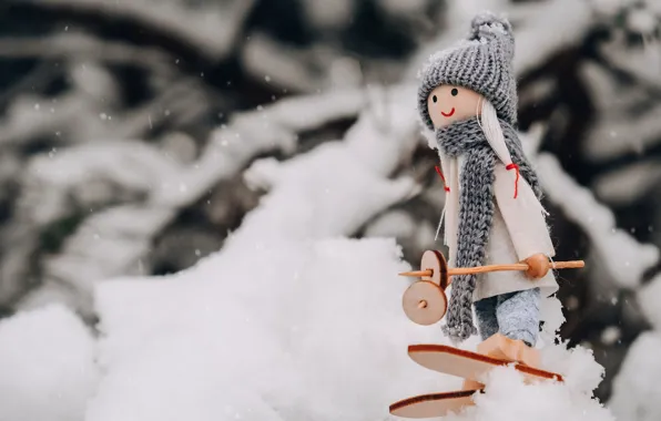 Winter, snow, branches, nature, hat, ski, doll, scarf