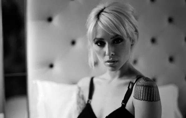 Girl, bra, woman, model, tattoo, black and white, blonde, bed