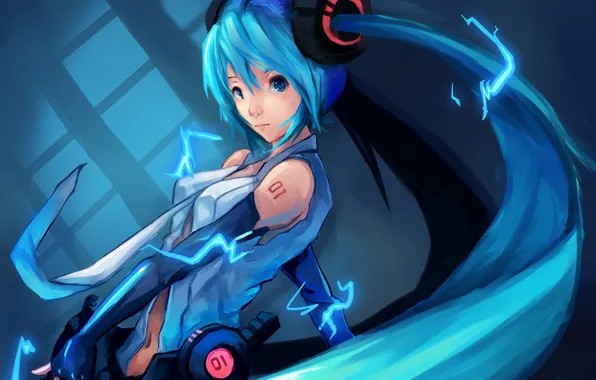 Girl, lightning, art, vocaloid, ponytail, miku append, Erwin Winata