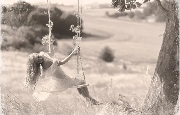 Girl, retro, photo, swing, scratches, filter