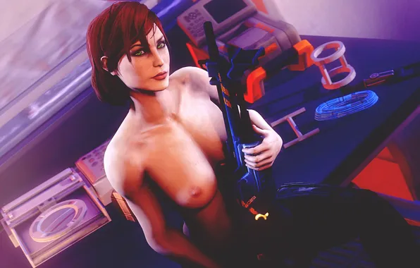 Chest, girl, red, mass effect, shepard, sniper rifle, femshep