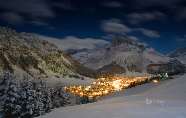 Mountains, night, lights, Austria, village, Leh, Lech am Arlberg