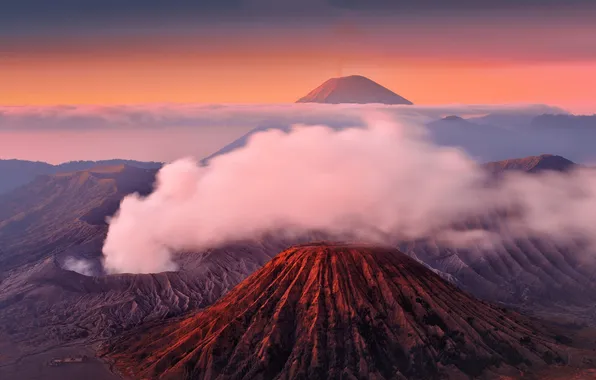 Sunset, mountains, nature, volcanoes, Java