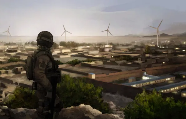 The sky, trees, the city, windmills, Soldiers, overview