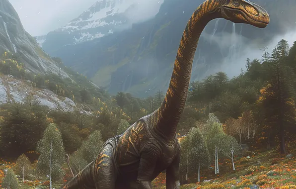 Flowers, Mountains, Trees, Dinosaur, Animal, Digital art, Ancient animals, Extinct animals