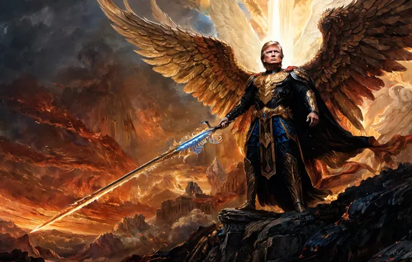 Sword, armor, lava, the Archangel, Donald Trump