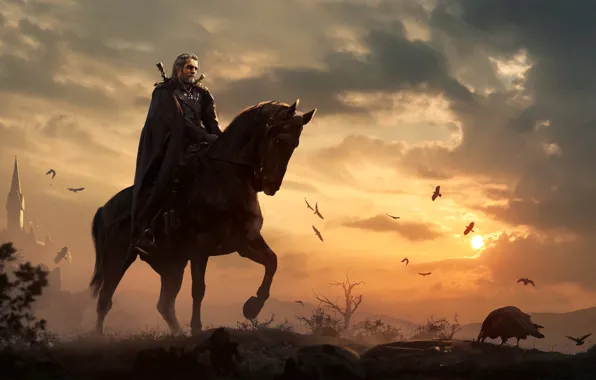 Horse, art, geralt, Gwynbleidd, The Witcher 3 Wild Hunt, Geralt of Rivia, white wolf, roach