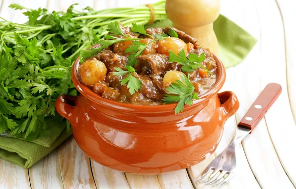 Picture greens, meat, pot, potatoes, stew