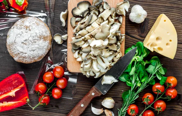 Greens, mushrooms, cheese, tomato, garlic, the dough, billet