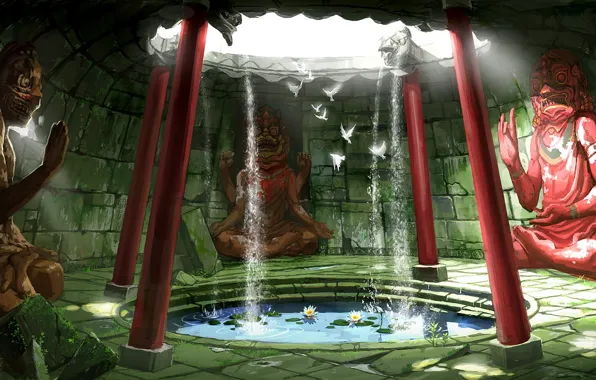Water, birds, Lotus, columns, temple, statue, ruins