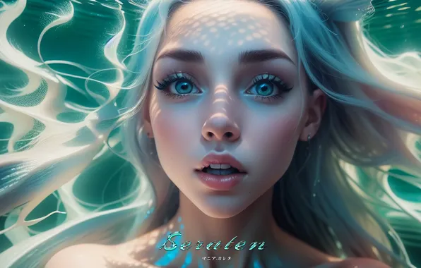 Picture girl, fantasy, blue eyes, digital art, artwork, mermaid, fantasy art, closeup