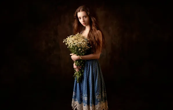Look, girl, flowers, photo, hair, chamomile, beautiful, Max Pyzhik