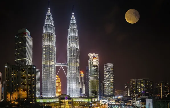 Night, the city, the moon, Malaysia, Kuala Lumpur