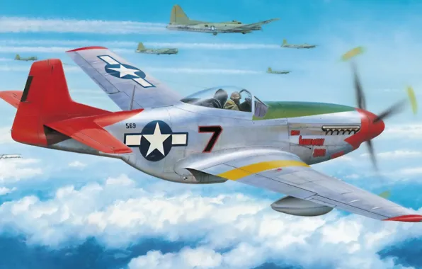Aircraft, war, art, painting, aviation, ww2, At tuskegee airmen, P-51 D Mustang