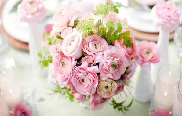 Flowers, romance, tenderness, bouquet, candles, composition, serving, Ranunculus