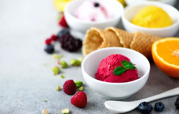 Balls, berries, orange, ice cream, pink, mango, dessert, color