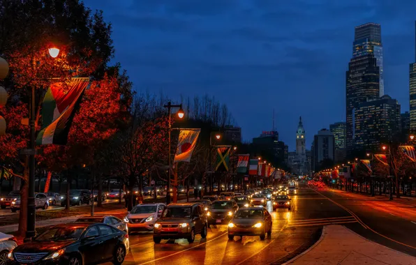 Picture photo, Home, The evening, The city, Autumn, Road, Flag, lights