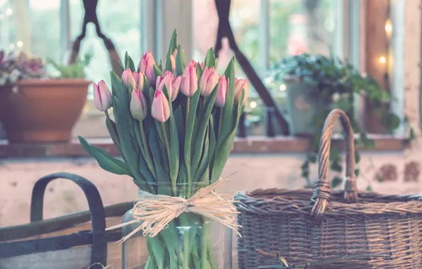 Flowers, bouquet, tulips, vase, pink