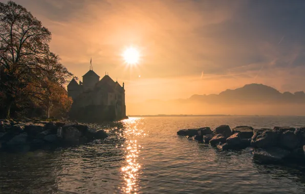 Autumn, the sky, water, the sun, clouds, light, trees, landscape