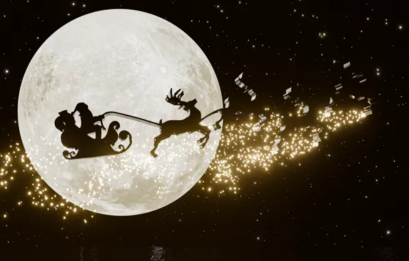 Winter, snow, flight, night, the moon, Christmas, New year, sleigh