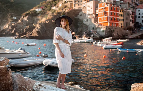 Sea, look, girl, pose, rocks, hat, Alexander Kurennoy