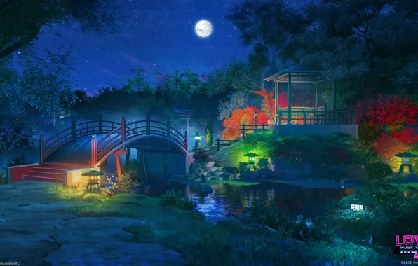 Trees, night, pond, the moon, lights, the bridge, gazebo, Japanese garden