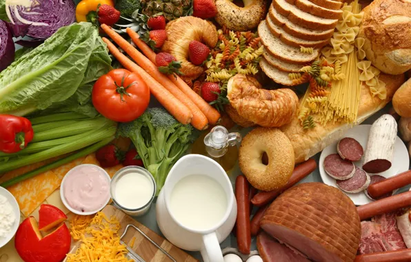 Sausage, milk, strawberry, bread, meat, vegetables, tomatoes, carrots