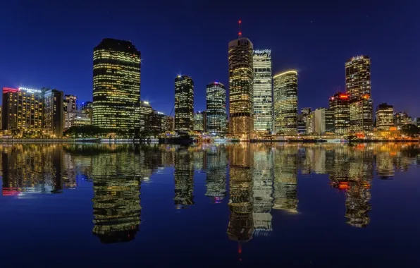 Night, lights, reflection, river, skyscrapers, backlight, Australia, megapolis