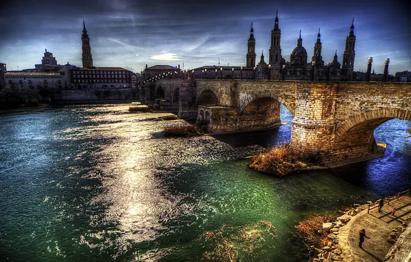 Picture bridge, river, HDR, home, the evening, lights, tower, architecture