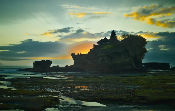 Sea, clouds, sunset, rock, coast, island, the evening, silhouette