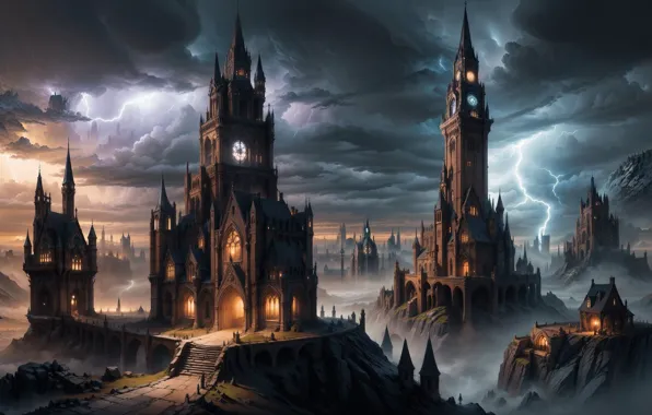 City, widescreen, fantasy, sky, lightning, gothic, neural network