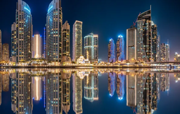 Water, reflection, building, home, Bay, Dubai, night city, Dubai