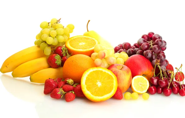 Berries, lemon, apples, oranges, strawberry, grapes, bananas, white background