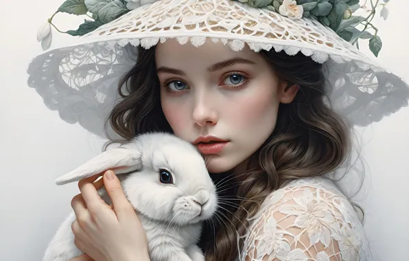 White, look, girl, flowers, hare, portrait, hat, rabbit
