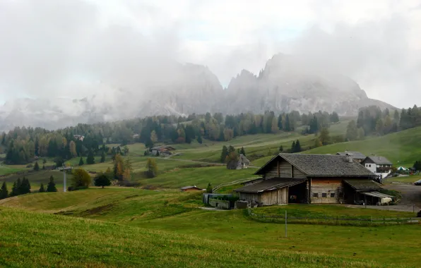 Clouds, mountains, field, Alps, Italy, houses, meadows, Alpe Di Siusi / Seiser Alm