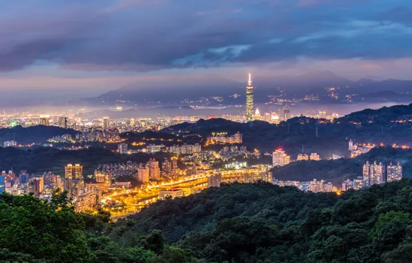 The sky, trees, mountains, clouds, the city, lights, hills, blue