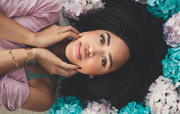 Pose, watch, portrait, bracelet, brown eyes, beautiful girl, flowers, flowers