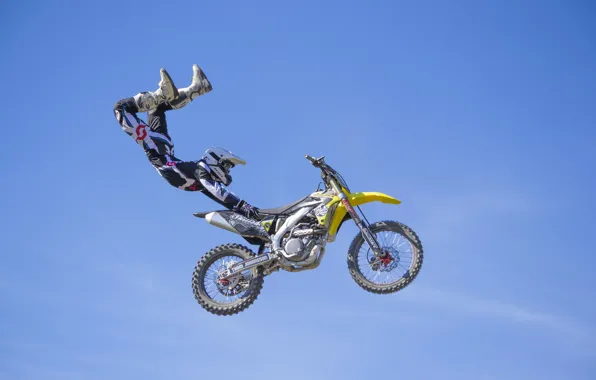 Maneuver, rider, motocross, freestyle, sky, clouds, FMX, extreme sports