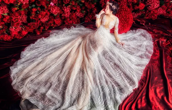 Girl, flowers, red, pose, white, silk, dress, red
