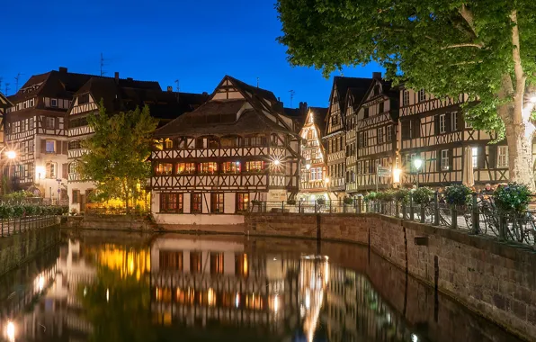 Picture reflection, France, building, home, channel, night city, promenade, Strasbourg
