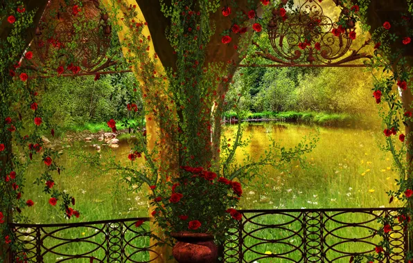 Trees, flowers, pond, Park, arch, gazebo