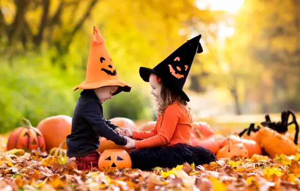 Autumn, leaves, joy, children, girls, Halloween, pumpkin, girl