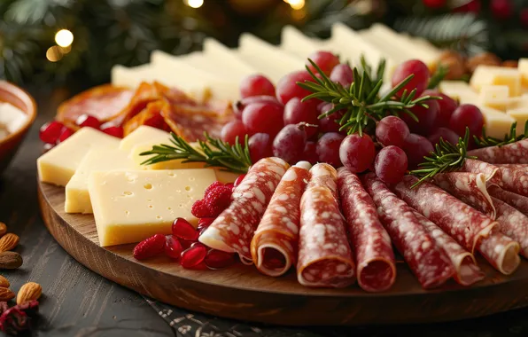 Table, Board, cheese, grapes, pieces, nuts, a lot, sausage