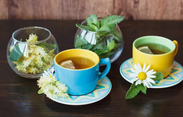 Picture lemon, tea, Daisy, Cup, lemon, grass, wood, cup