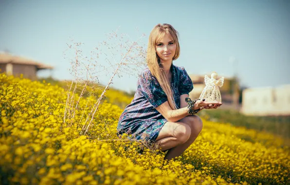 Summer, girl, smile, dress, the flowers are yellow