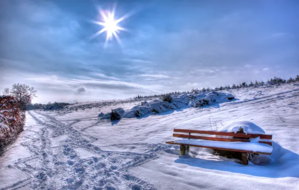 Winter, rays, snow, Winter, bench, Snow, Bench, Rays
