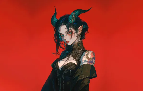 Girl, Beautiful, Devil, Anime, Tattoo, Demon, Horn, Red Background