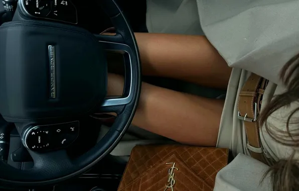 Auto, girl, feet, the wheel, handbag, Range Rover, strap, slender legs